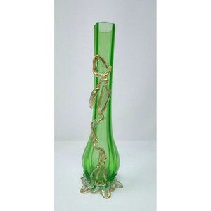 Stunning Stevens & Williams Vaseline Green Vase with Gold and Clear Ribbon Foote